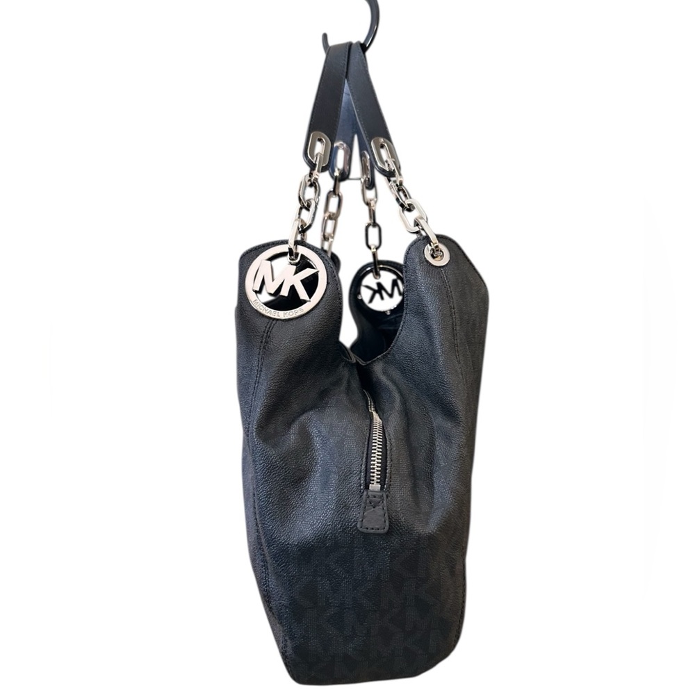 MICHAEL KORS FULTON BLACK LOGO SILVER CHAIN LARGE SHOULDER TOTE BAG - Picture 8 of 9